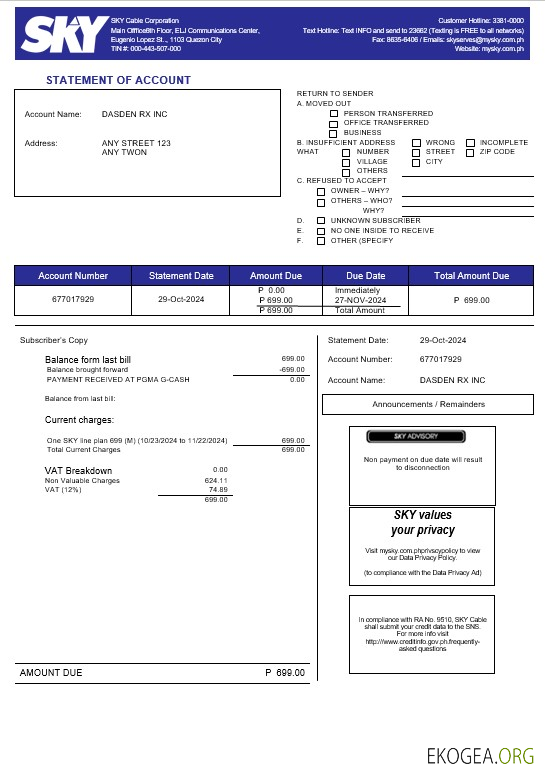 Modèle Word et PDF de facture de services publics de la Philippines Sky Cable Corporation (2)